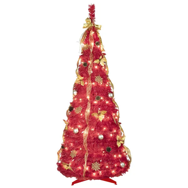 6ft Red Pop-Up Christmas Tree with 150 Lights & Decorations