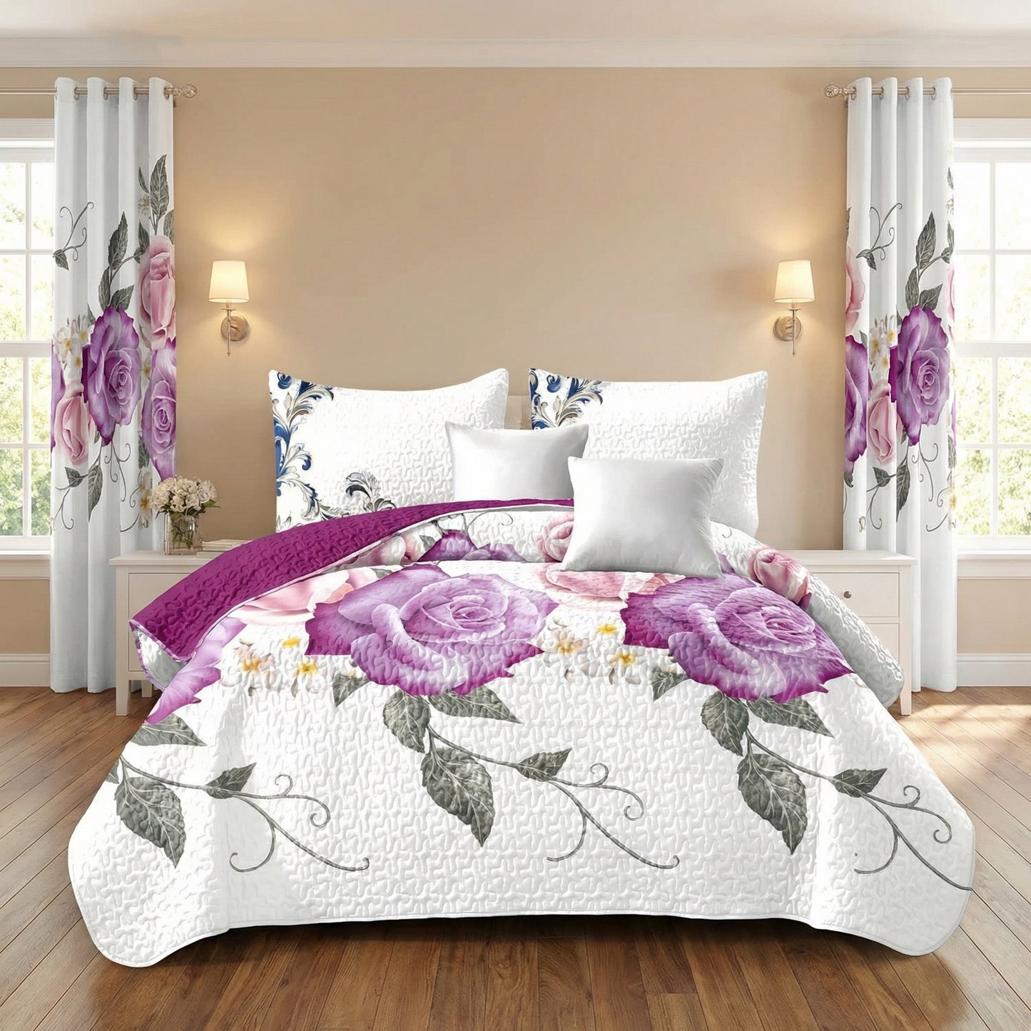 9-Piece Room In A Bag Quilt & Curtain Set - Deep Magenta Floral
