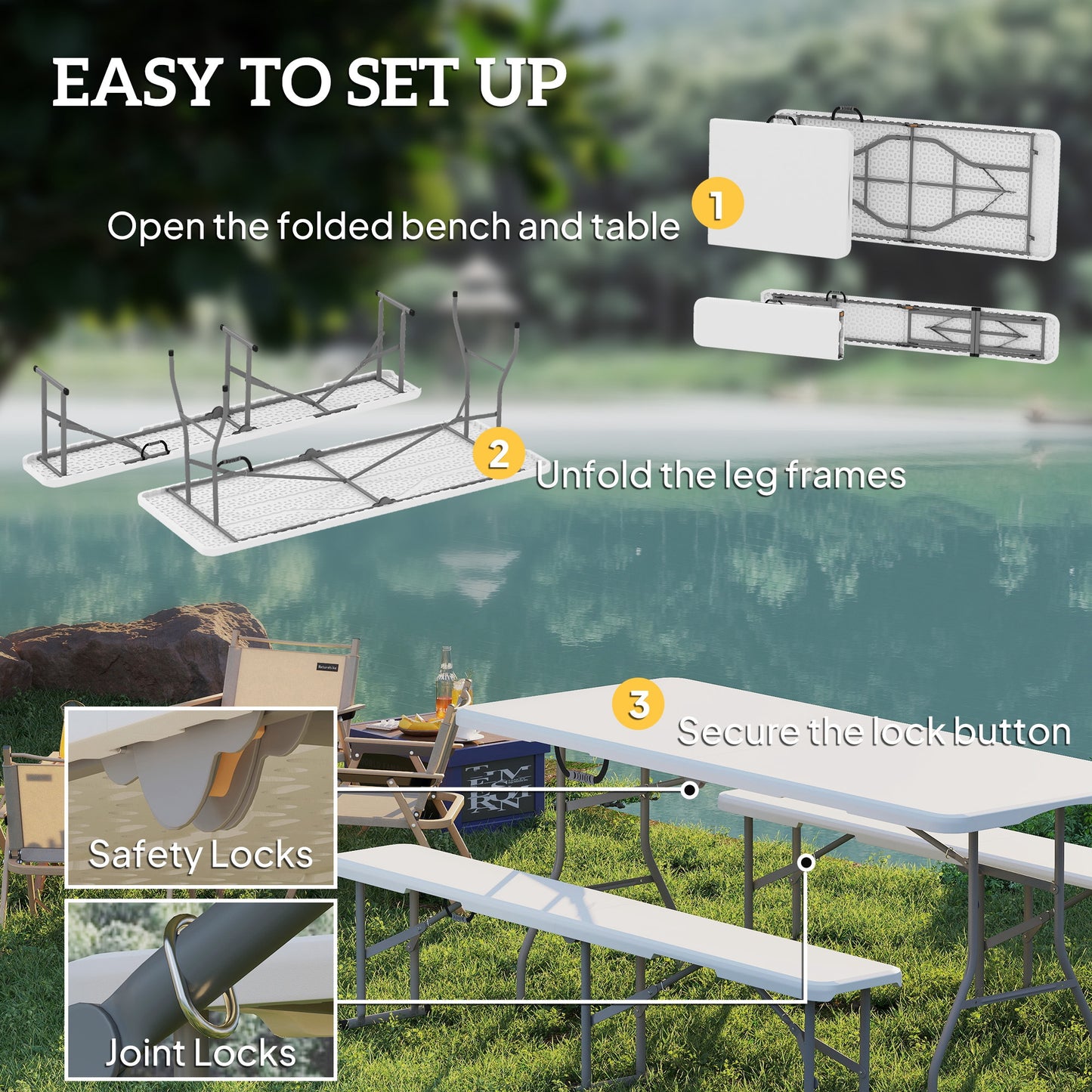 Portable Camping Table and Chairs Set - Folding Picnic Bench, White