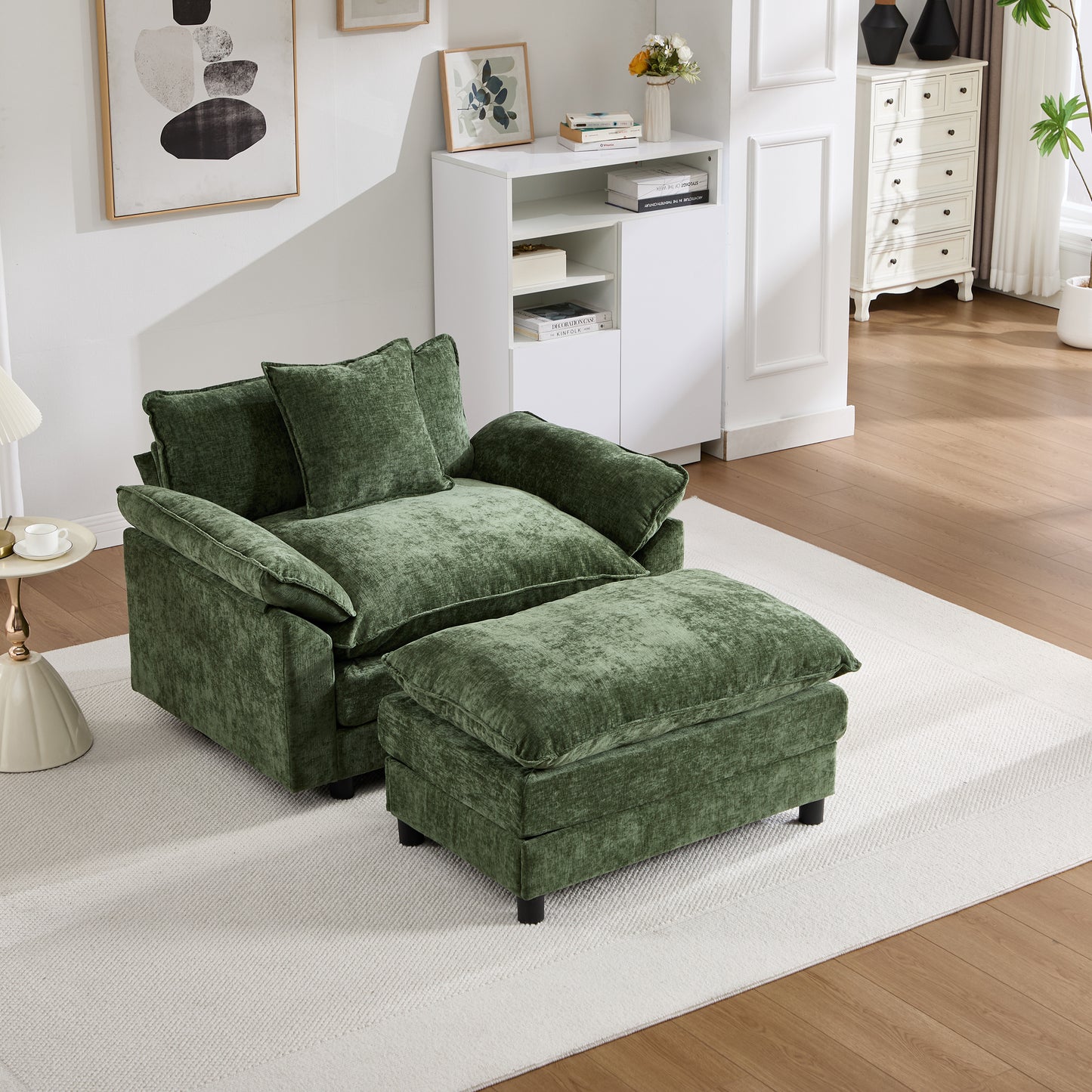 Modern Accent Chair with Ottoman - Green Chenille Upholstered Armchair
