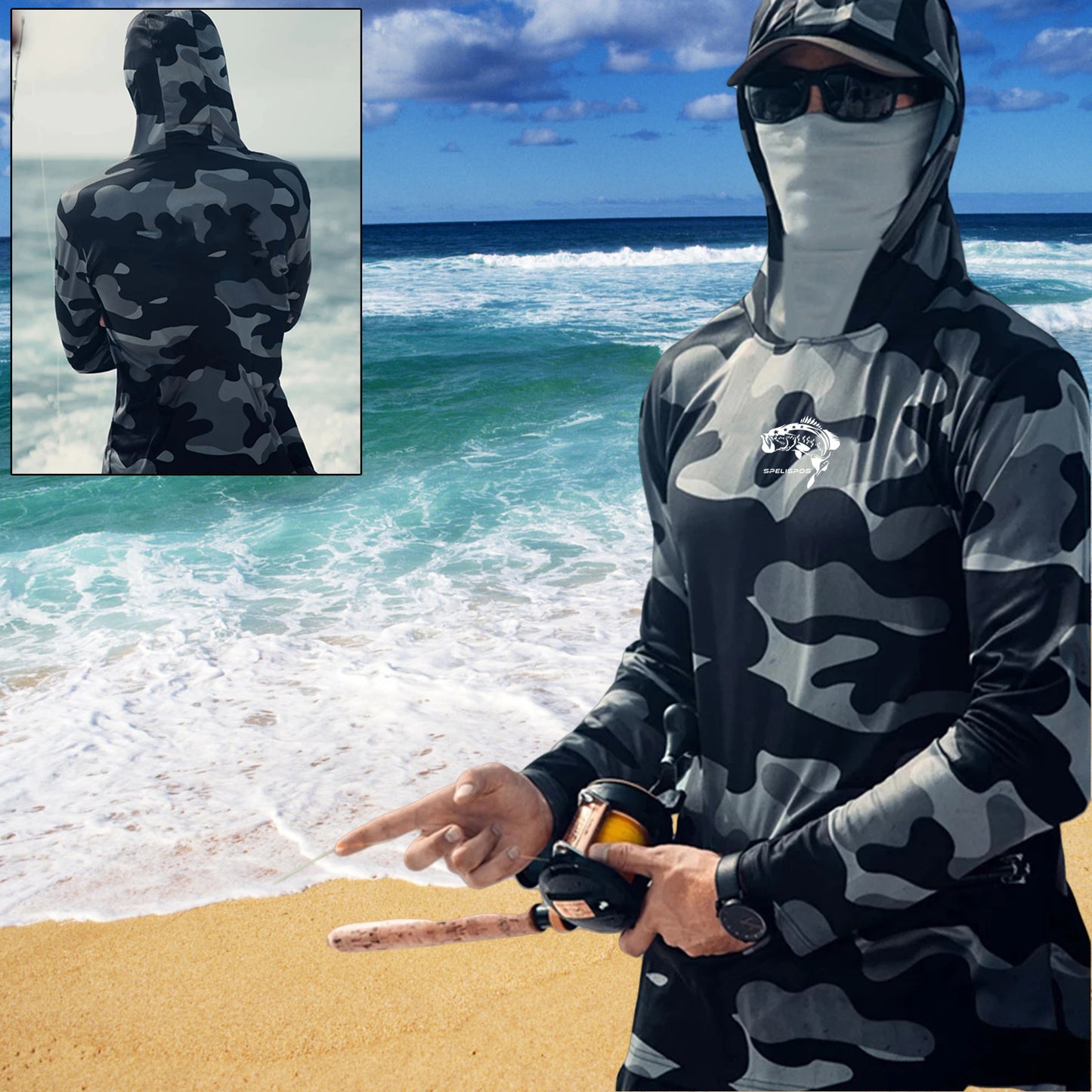 Men's Long Sleeve Fishing Hoodie with Face Mask - Sun Protection