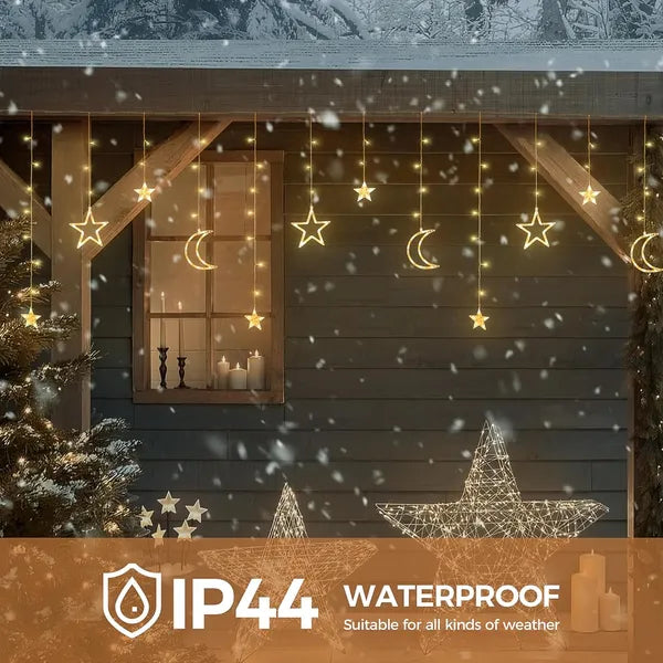 Solar Icicle Lights - Waterproof Moons Stars Curtain String with Remote
