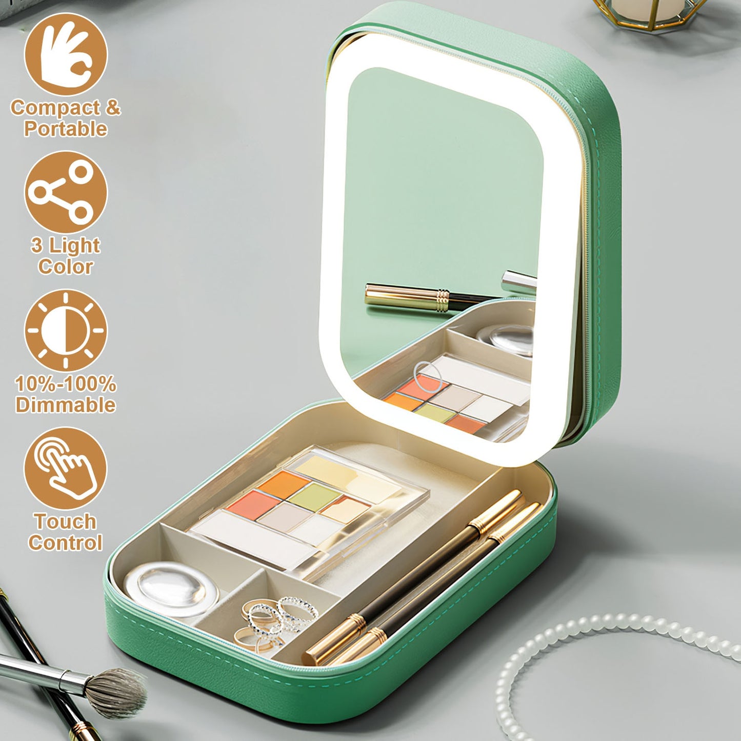 Portable Travel Makeup Bag with Rechargeable LED Mirror and 4 Compartments