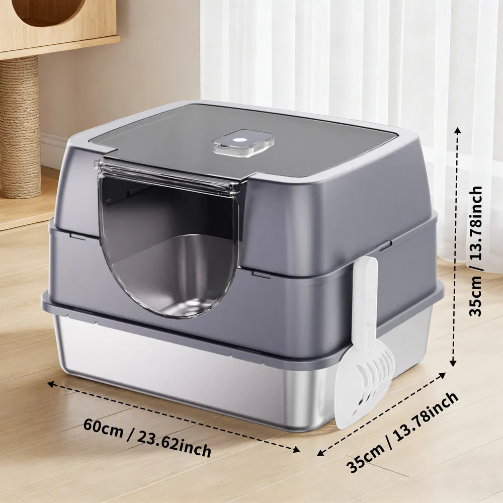 Stainless Steel Cat Litter Box with Flip-Top Cover & Odor Control