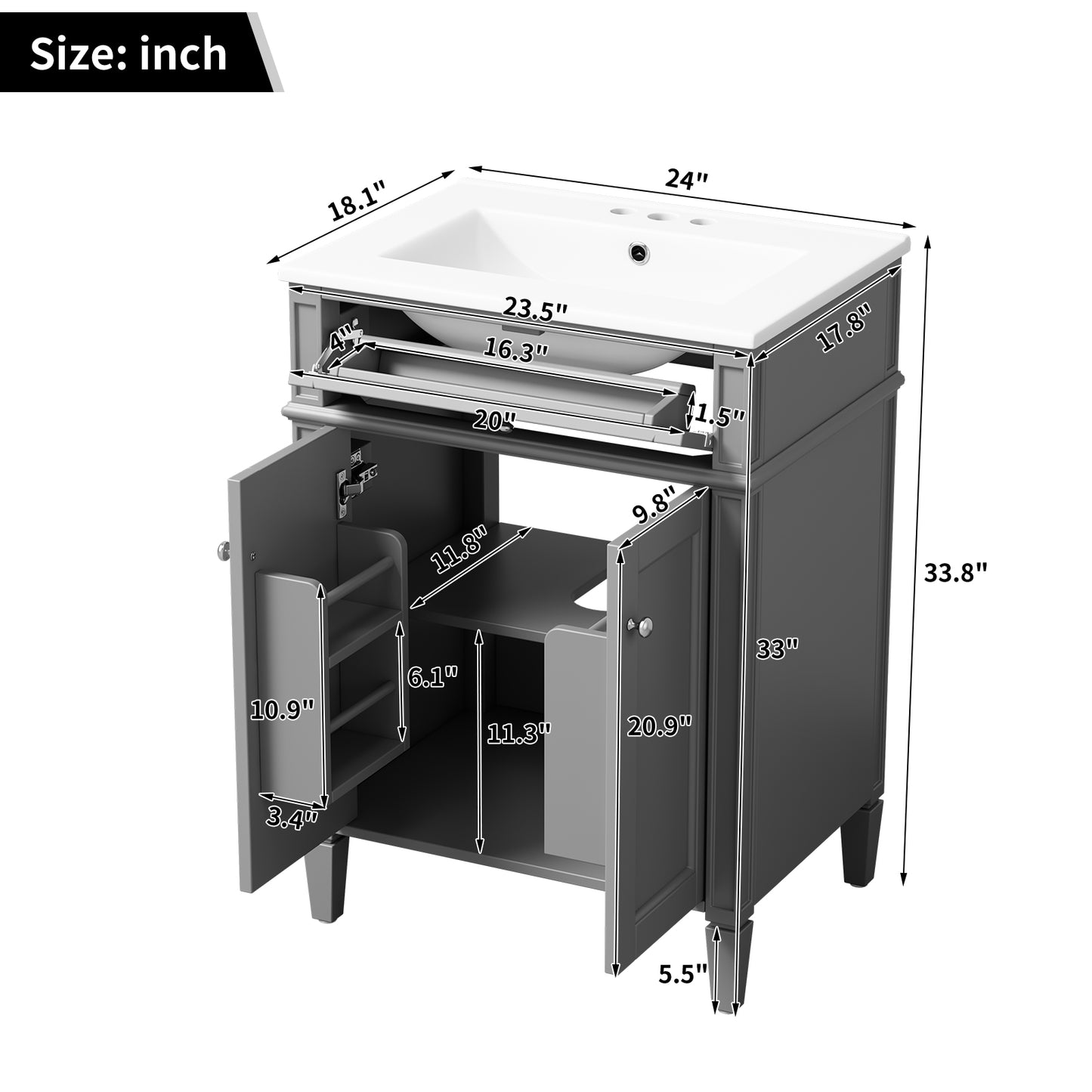 24-Inch Gray Bathroom Vanity with Soft-Closing Doors & Drawer