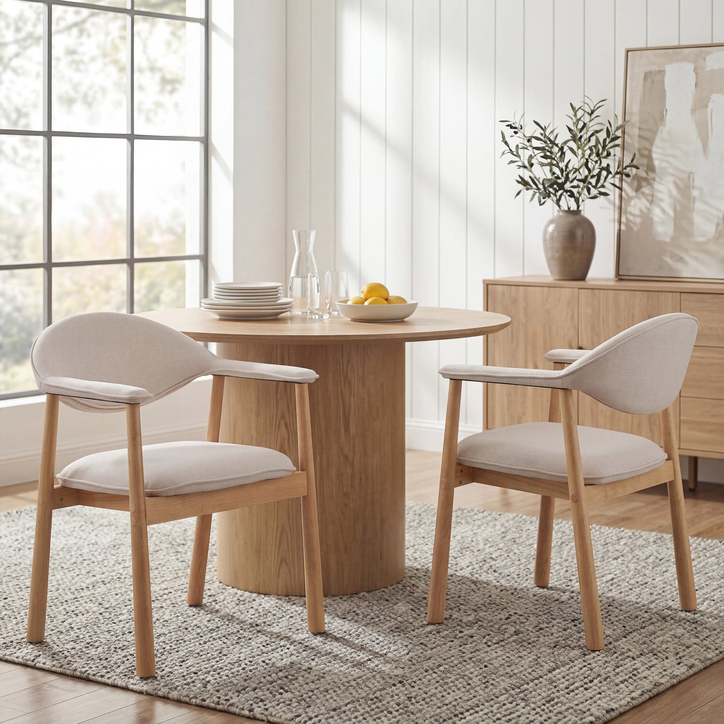 Beige Upholstered Dining Chairs with Curved Back - Set of 2