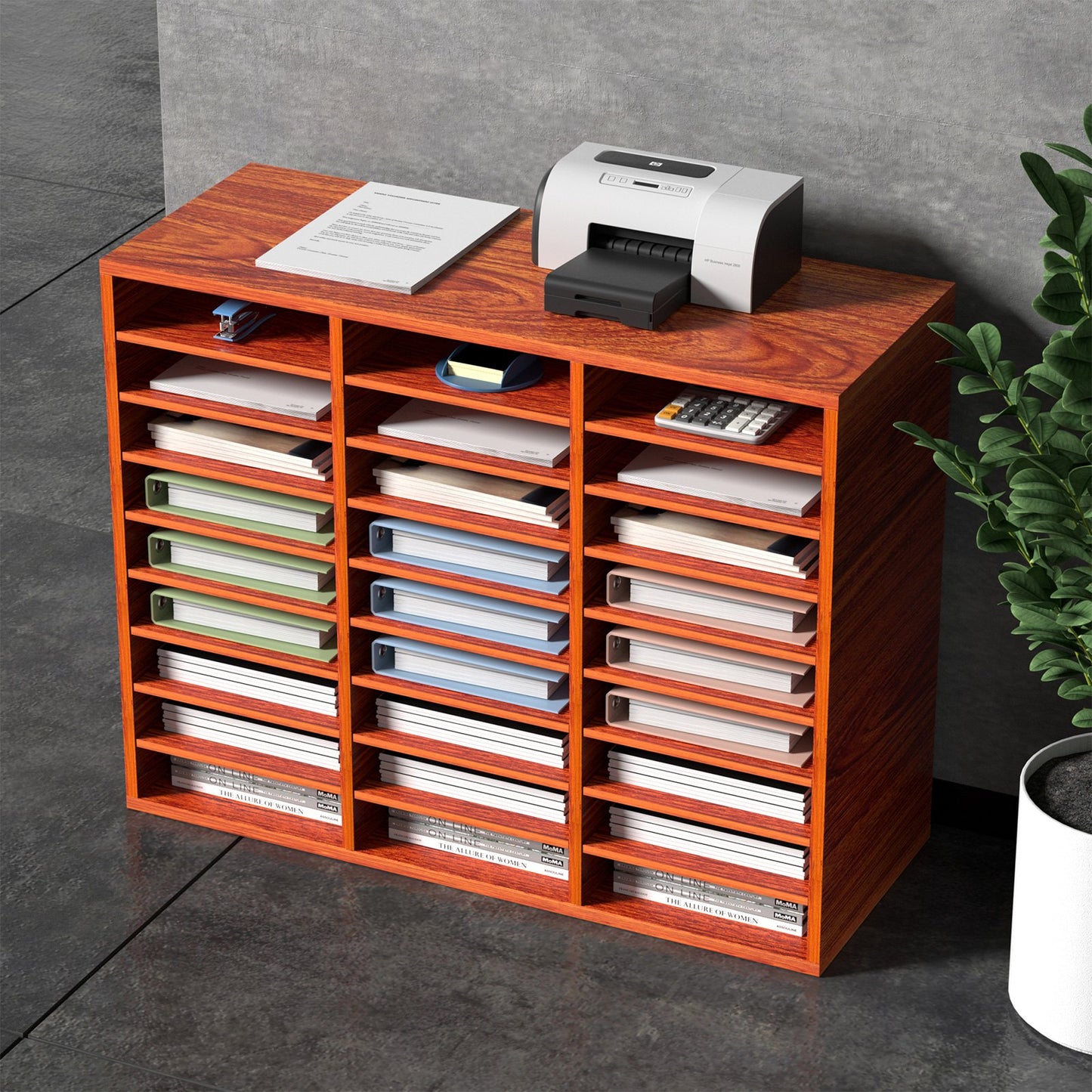 27-Compartment Wood Literature Organizer - Adjustable Storage for Files & Papers
