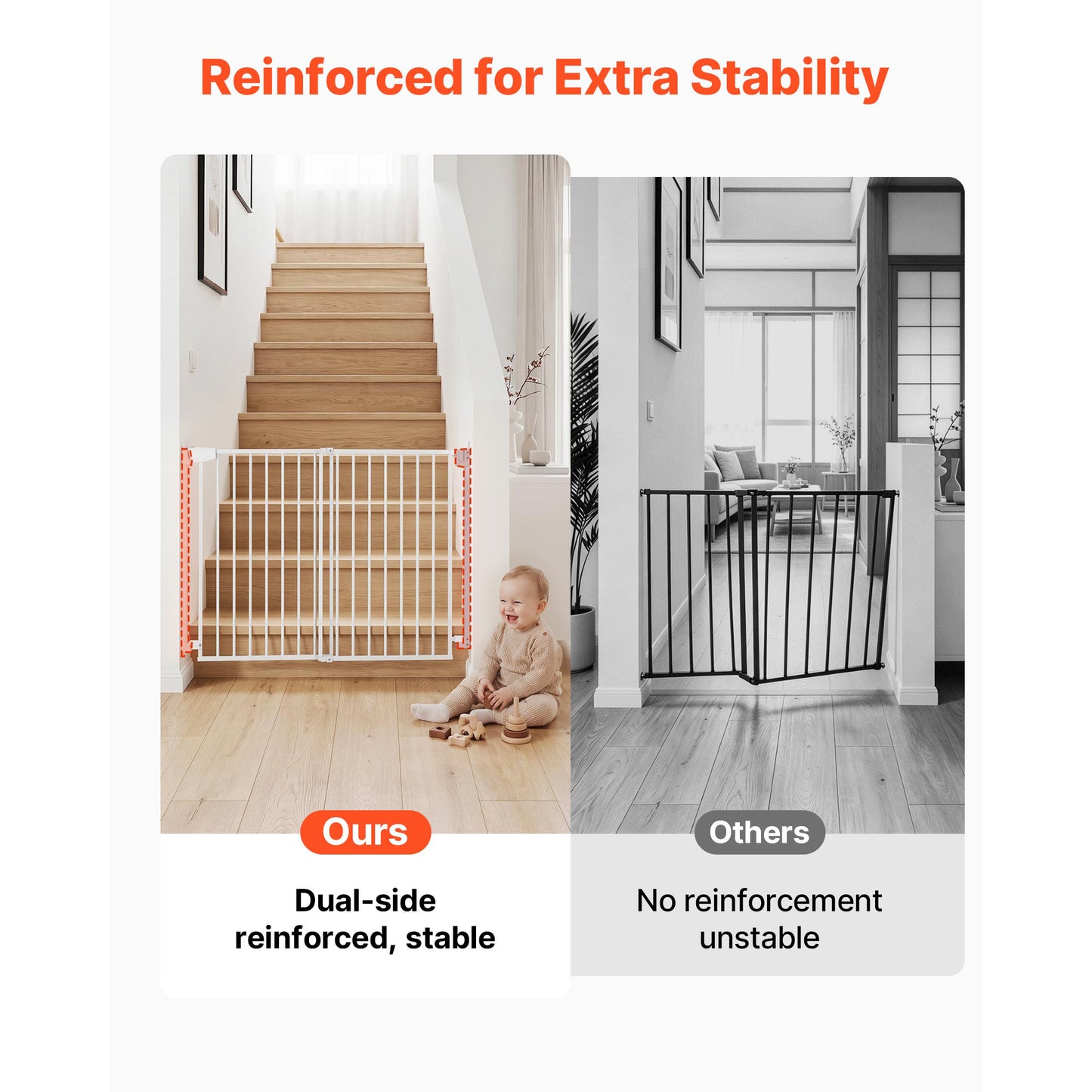 Baby Safety Gate for Stairs & Doorways, Adjustable 31-48 In, No Bottom Bar, One-Handed Operation, Easy Installation, White