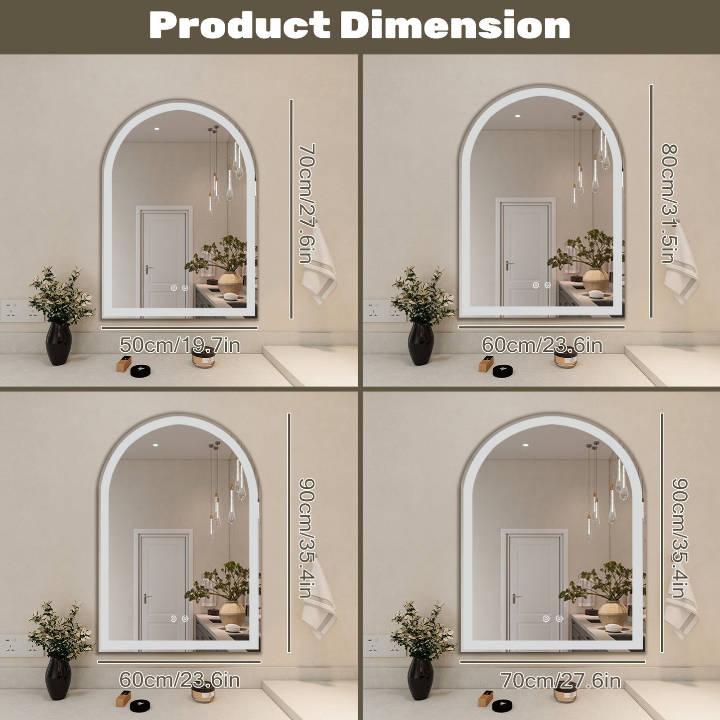 Smart Anti-Fog LED Bathroom Mirror - Arch Shape, Dual Light, 3 Color Temperatures, Memory Dimming