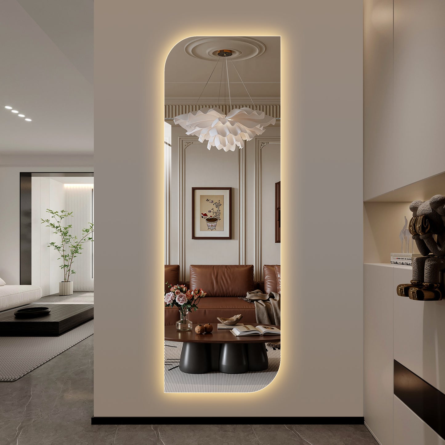 LED Full Length Wall Mirror - Irregular Shape, Dimmable Lighting