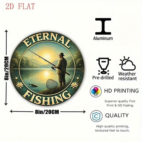 Retro Fishing 2D Flat Round Metal Sign - 8x8in Plaque