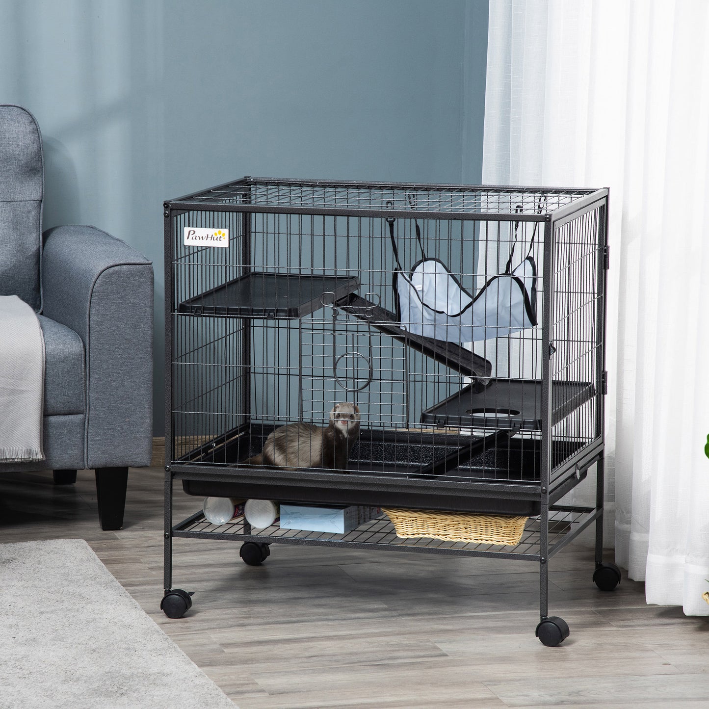 Small Animal Cage with Wheels, Multi-Tier Pet Habitat for Hamsters, Ferrets, Chinchillas - Black 31.5 x 20.5 x 33.1 inches