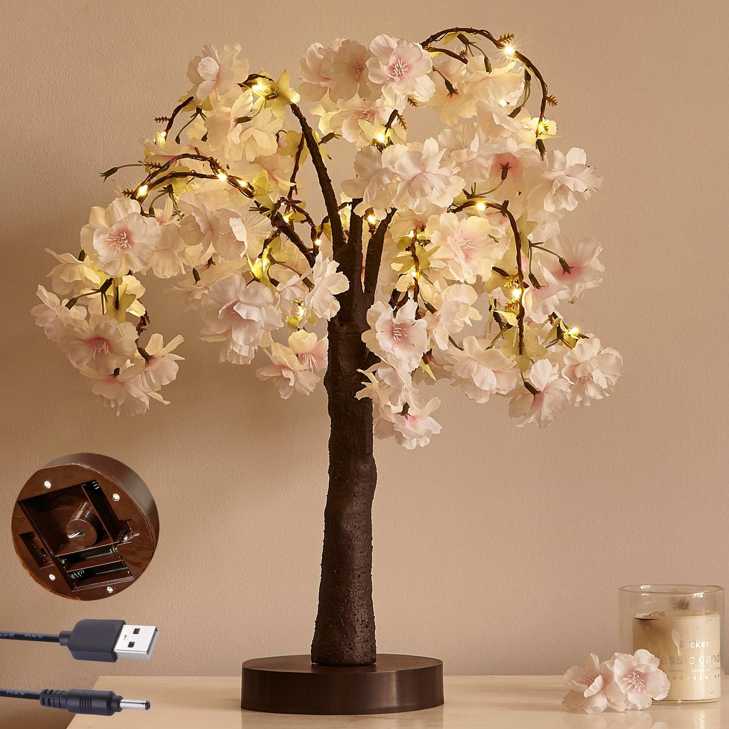 Cherry Blossom Tree LED Light with Simulated Petals - 18-Inch