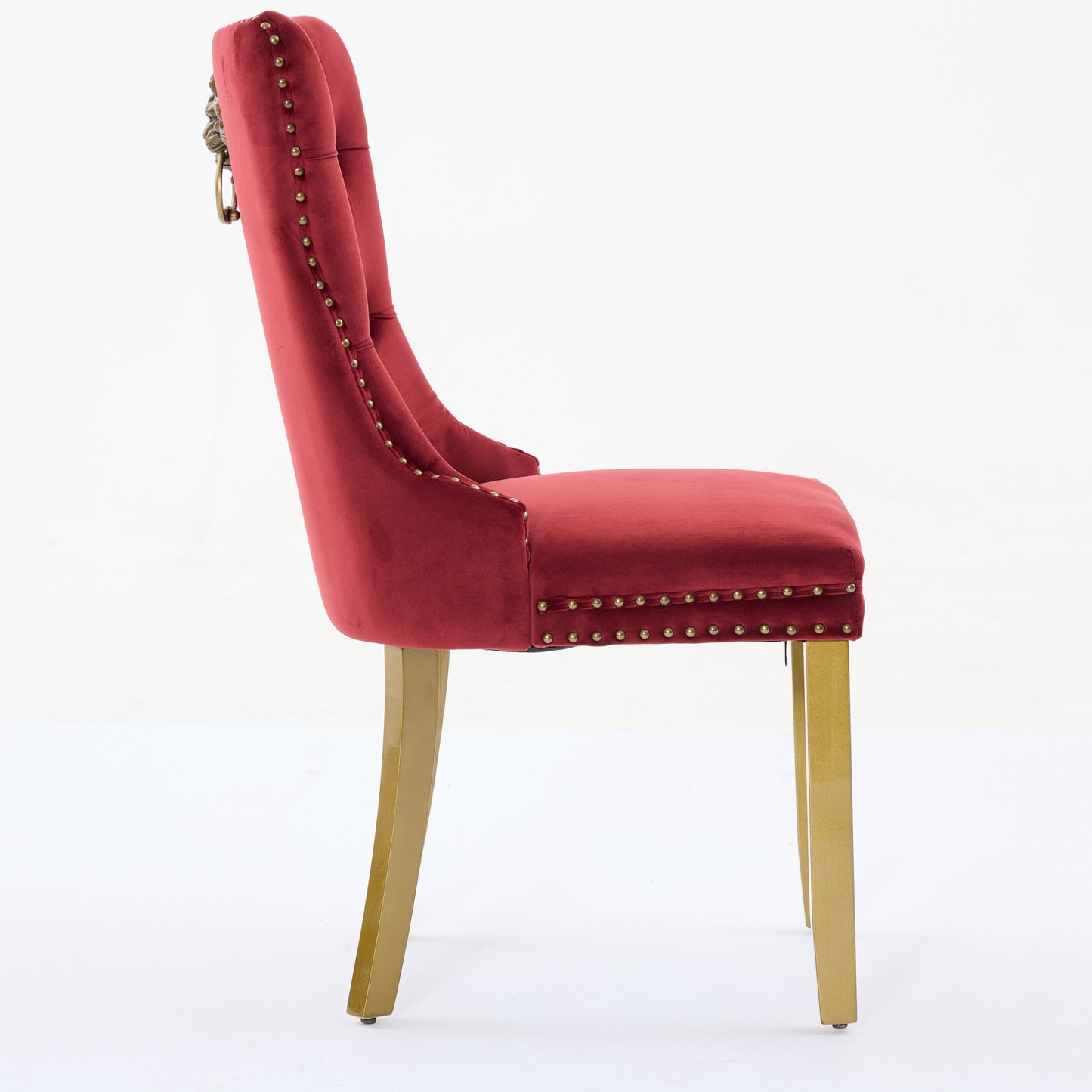 Mid-Century Modern Dining Chairs with Lion Head Pull Ring - Set of 2, Wine Red