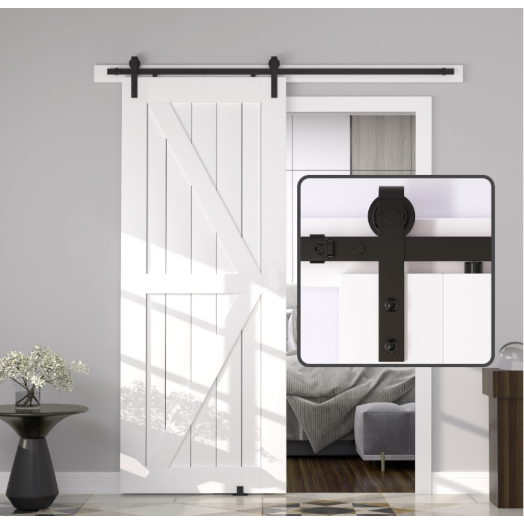 8 FT Double Sliding Barn Door Track Kit - Black Hardware