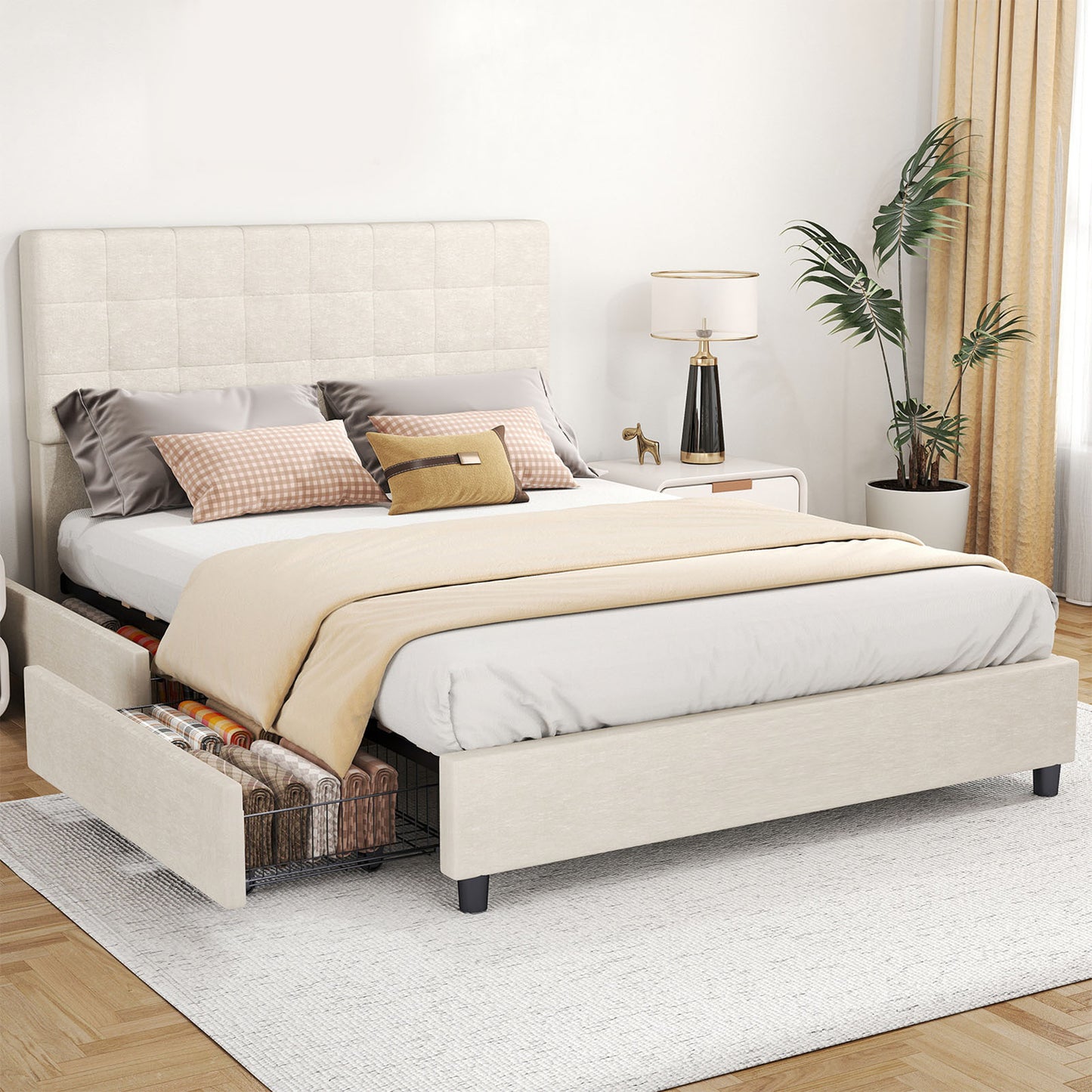 Bed Frame Upholstered Vertical Channel Headboard With 4 Storage