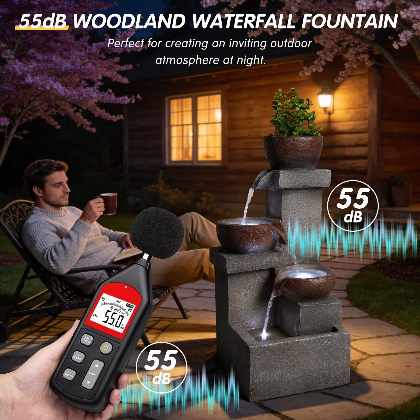 Outdoor Tiered Water Fountain with LED Lights Resin Garden Decor 23in