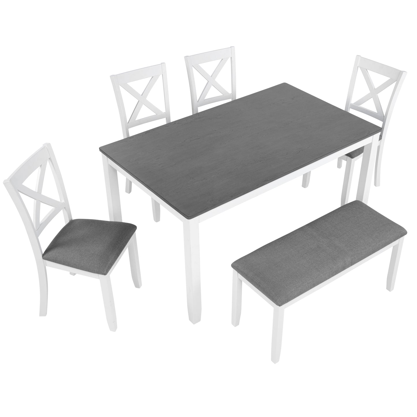 Modern 6-Piece Dining Table Set with Bench - Grey & White