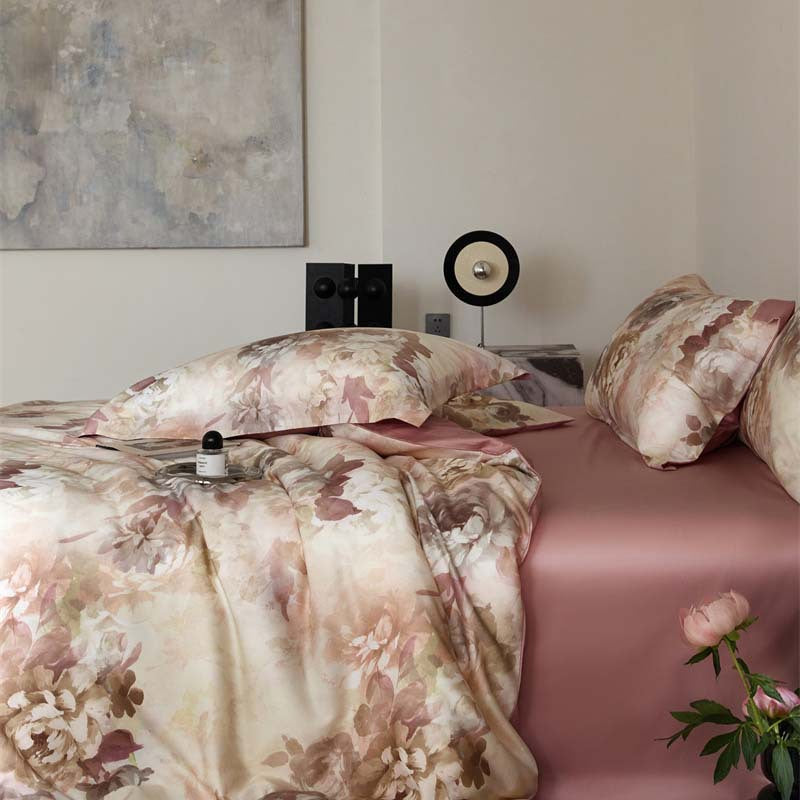 Flower Tencel Bedding Set - Four-Piece Includes Quilt Cover & Sheets