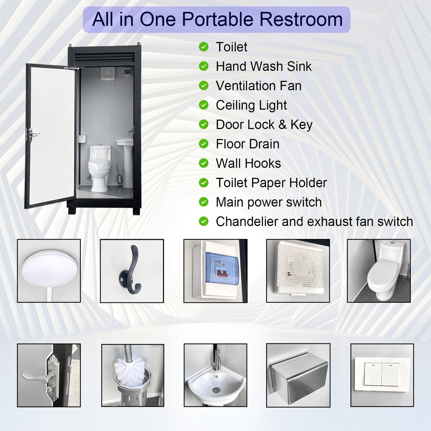 Portable Outdoor Toilet Cabin with Light, Sink & Vent Fan, Silver
