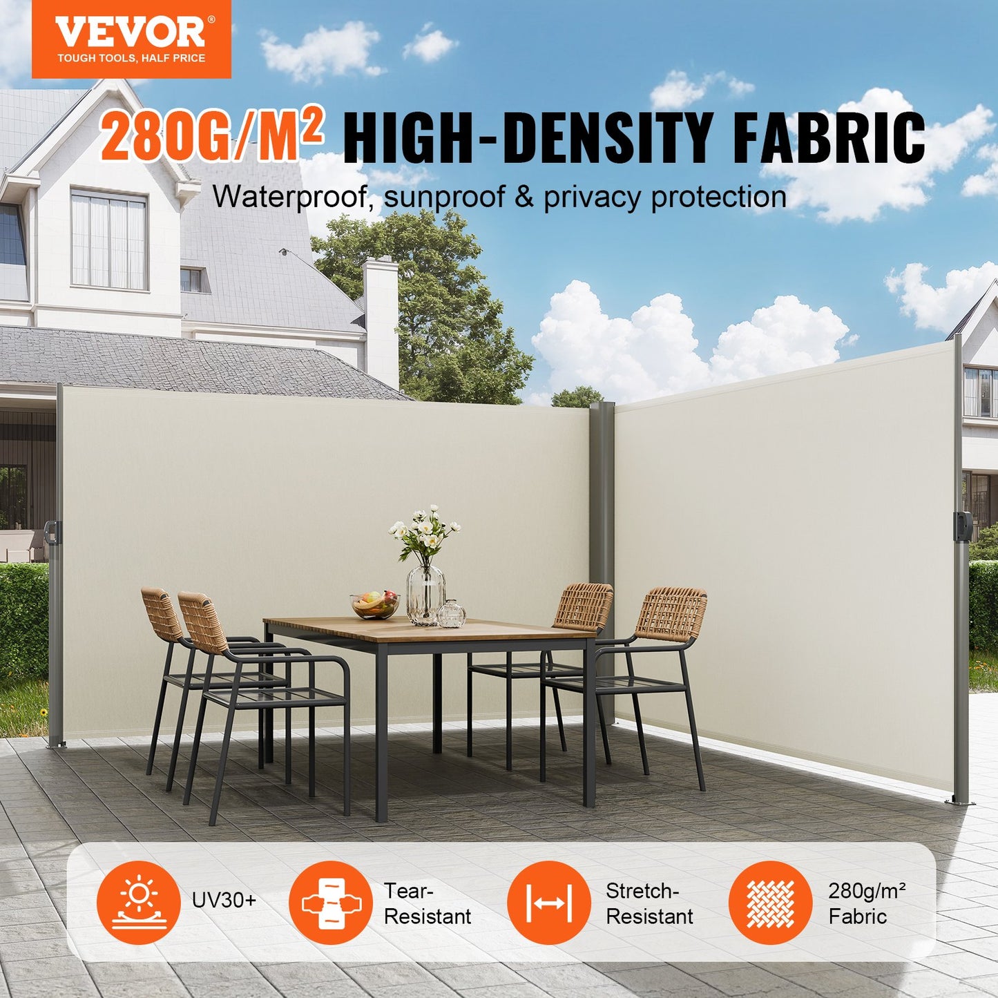 Beige Retractable Side Awning 71x236 Inches Aluminum Wind & Rain Screen Outdoor Shelter