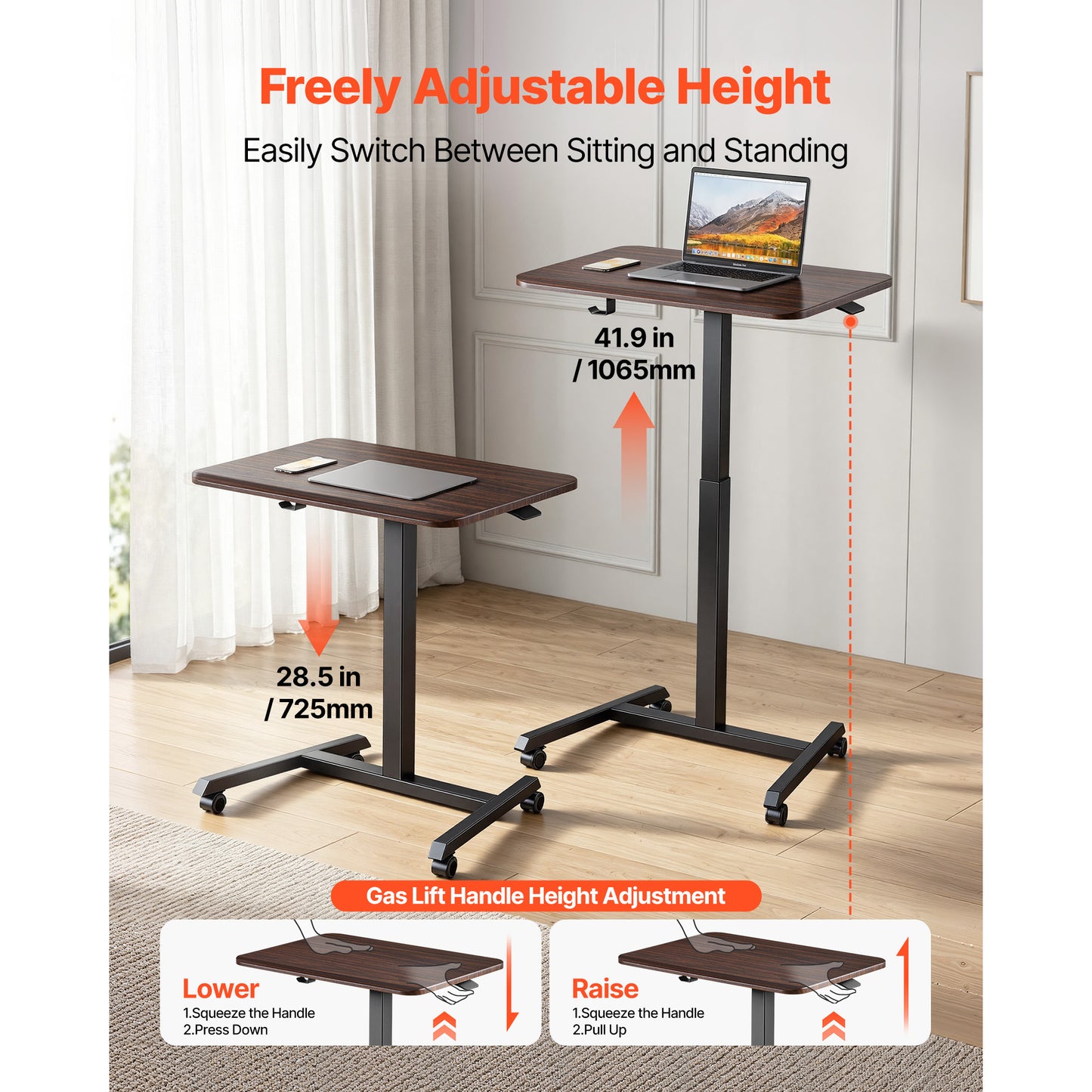 Adjustable Height Standing Desk with Casters - Small Mobile Sit-Stand Workstation, 25.6x19 In, Brown