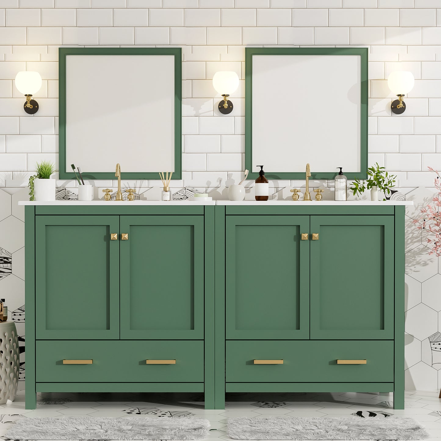 60" Green Bathroom Vanity Set with Double Ceramic Sinks