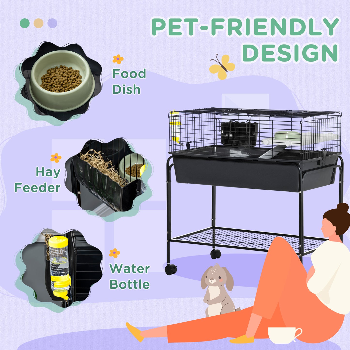 Small Animal Cage with Removable Stand, Wheels & Shelf - 33x18.5x35 in Charcoal Gray
