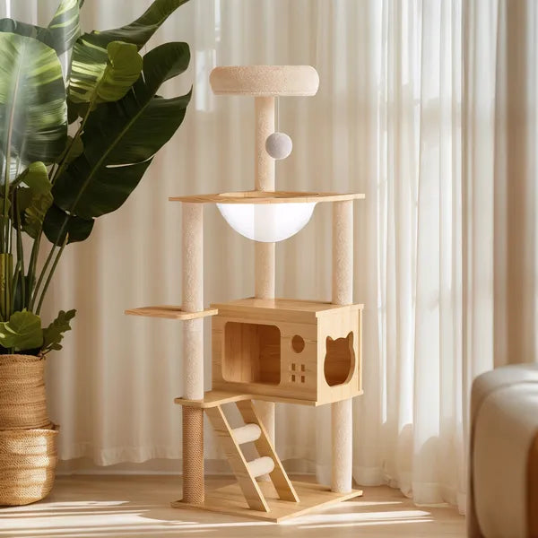 48.8-Inch Modern Wooden Cat Tree Tower with Scratching Posts & Hammock