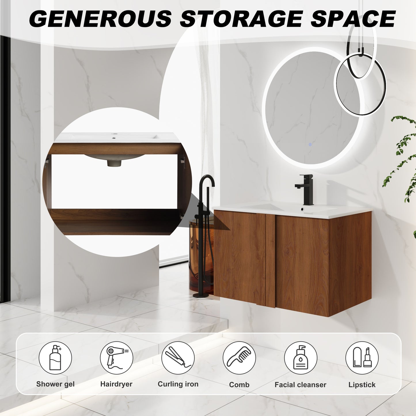 30" Wall-Mounted Bathroom Vanity with Sink - Brown Ebony