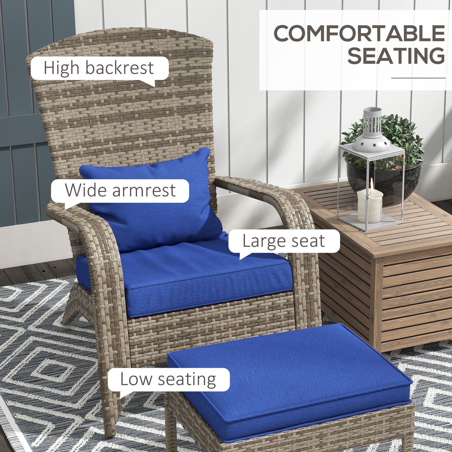 Wicker Adirondack Chair with Ottoman & Cushions - Blue