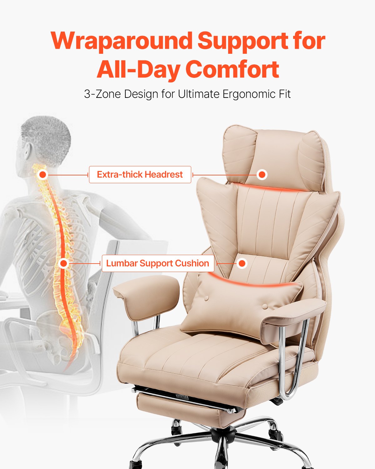 Executive Office Chair with Footrest - 400 Lbs Capacity, Ergonomic Design, Lumbar Support - Khaki