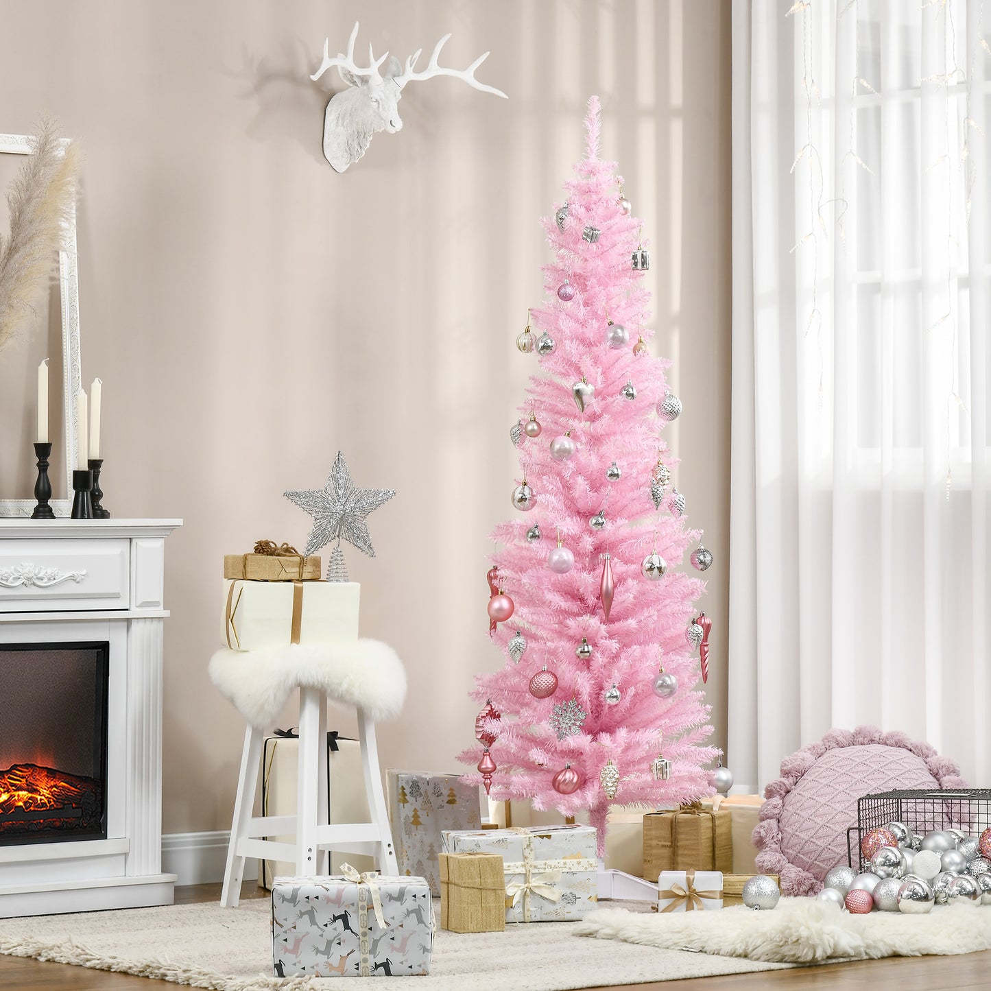 6ft Slim Pink Artificial Christmas Tree with 390 Branch Tips