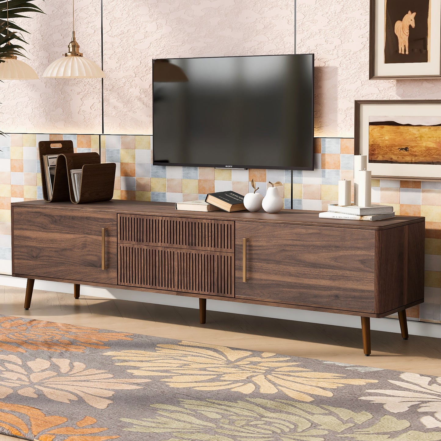 Mid Century TV Stand with 2 Drawers for TVs Up to 80'' - Walnut