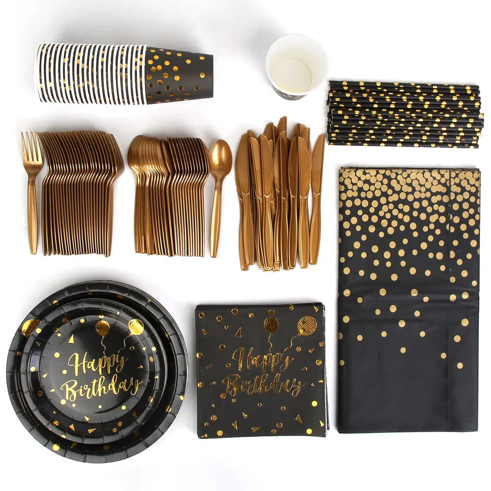 201PCS Black Gold Birthday Party Supplies Set for 25 Guests