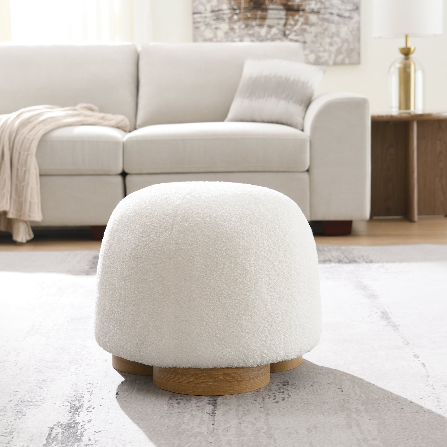 Fully Assembled Round Soft Teddy Fabric Upholstered Ottoman,
