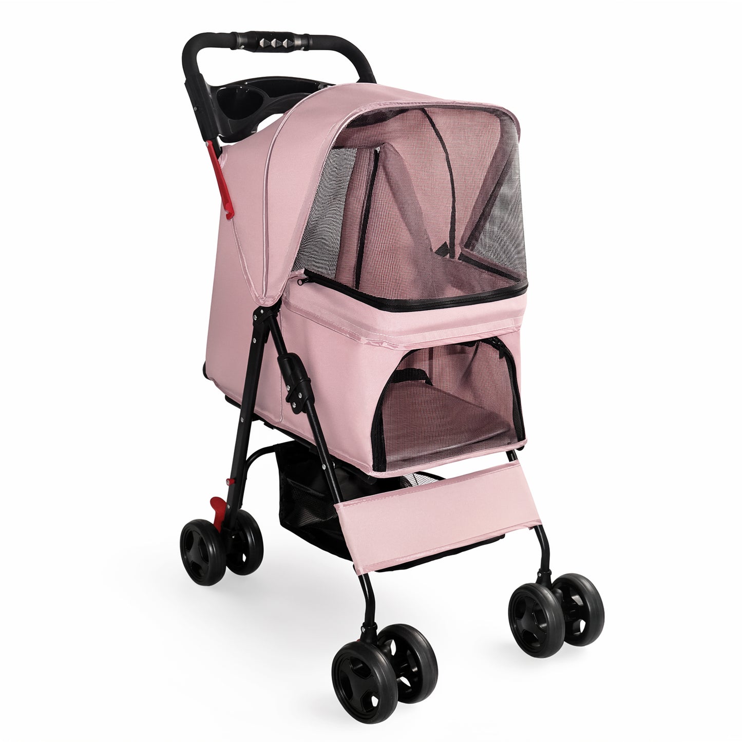 Foldable Pet Stroller for Small Dogs Cats Up to 28 lbs with Mesh & Storage - Pink