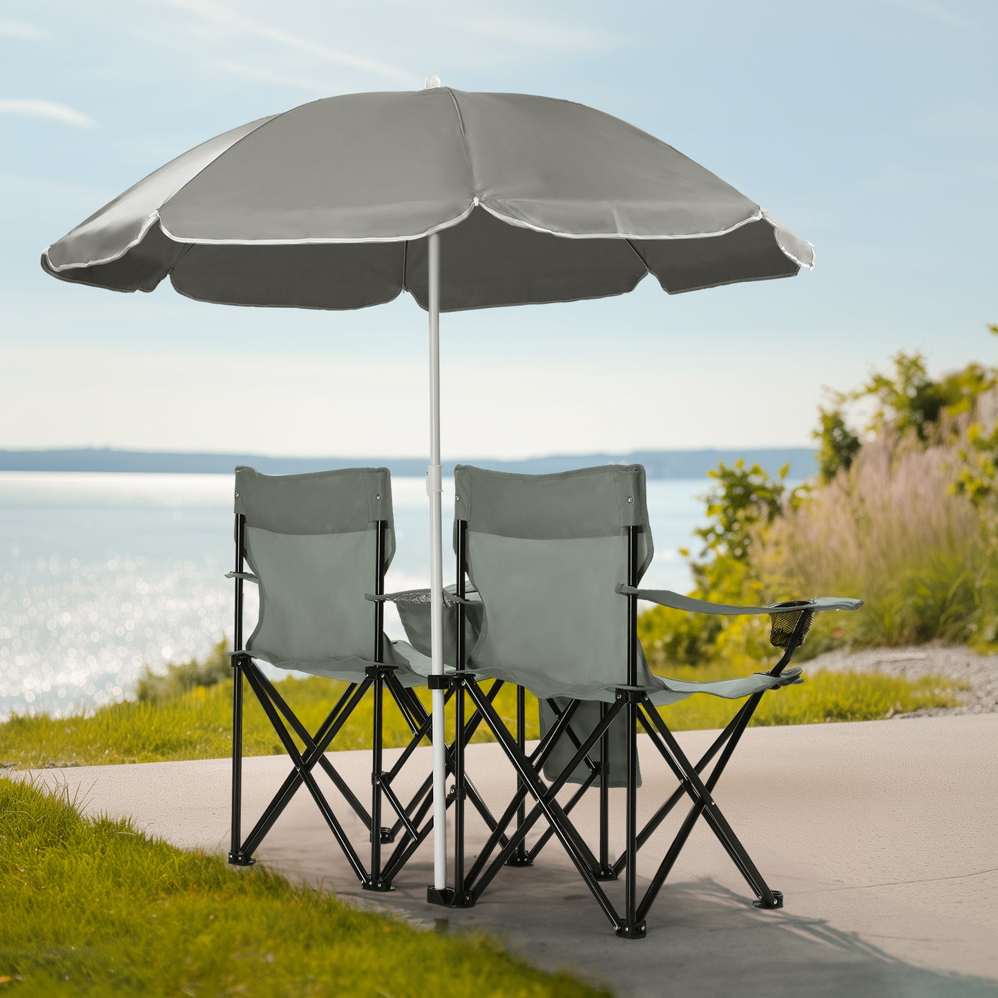 Portable Outdoor 2-Seat Folding Fishing Chair with Umbrella