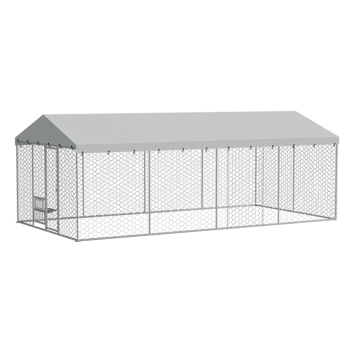 Large Outdoor Dog Kennel with Canopy - Heavy Duty Galvanized Steel Frame, Waterproof Cover, Elevated Feeders, Escape-Proof Lock - 20x10 ft