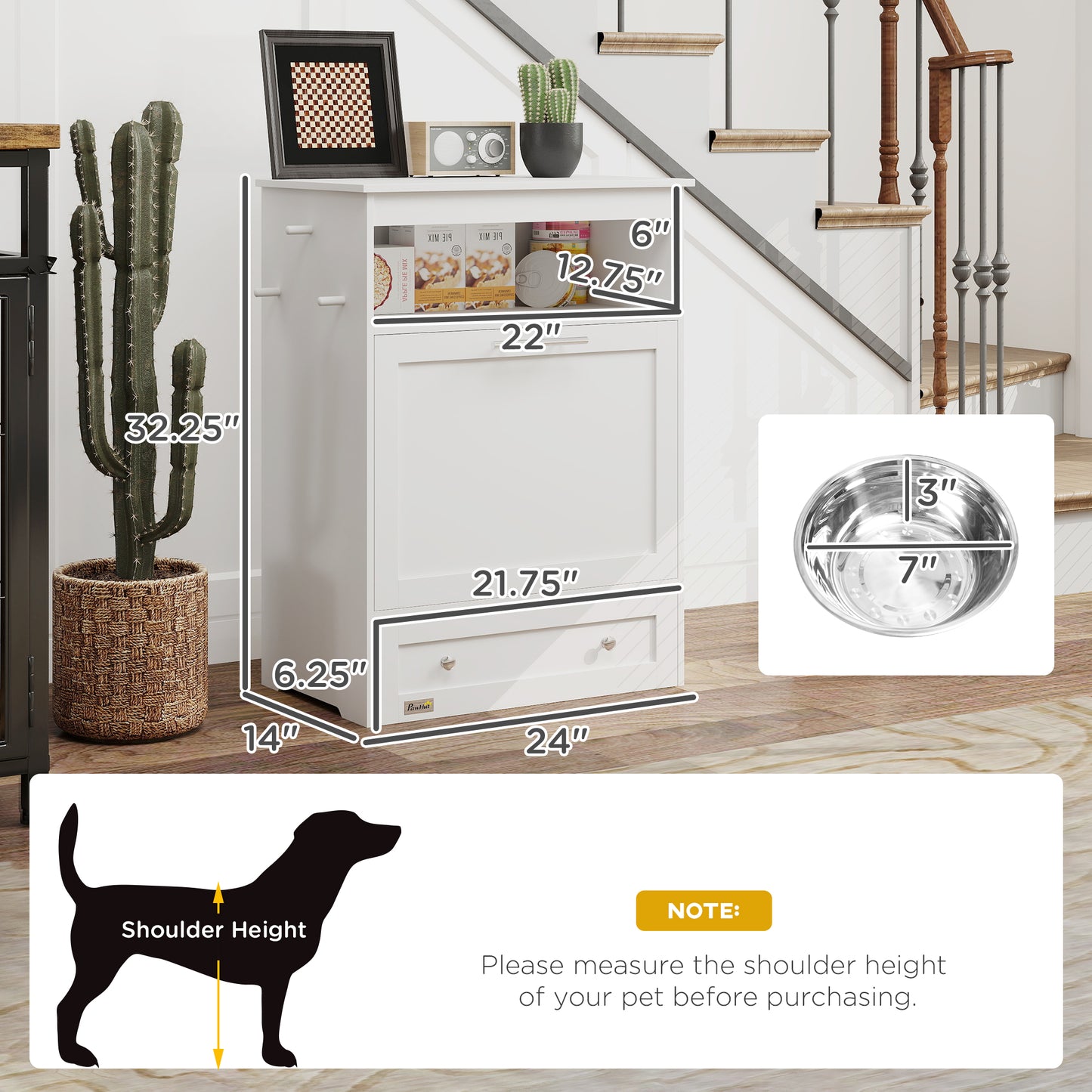 Pet Food Storage Cabinet with Raised Bowls and Storage Shelves - White