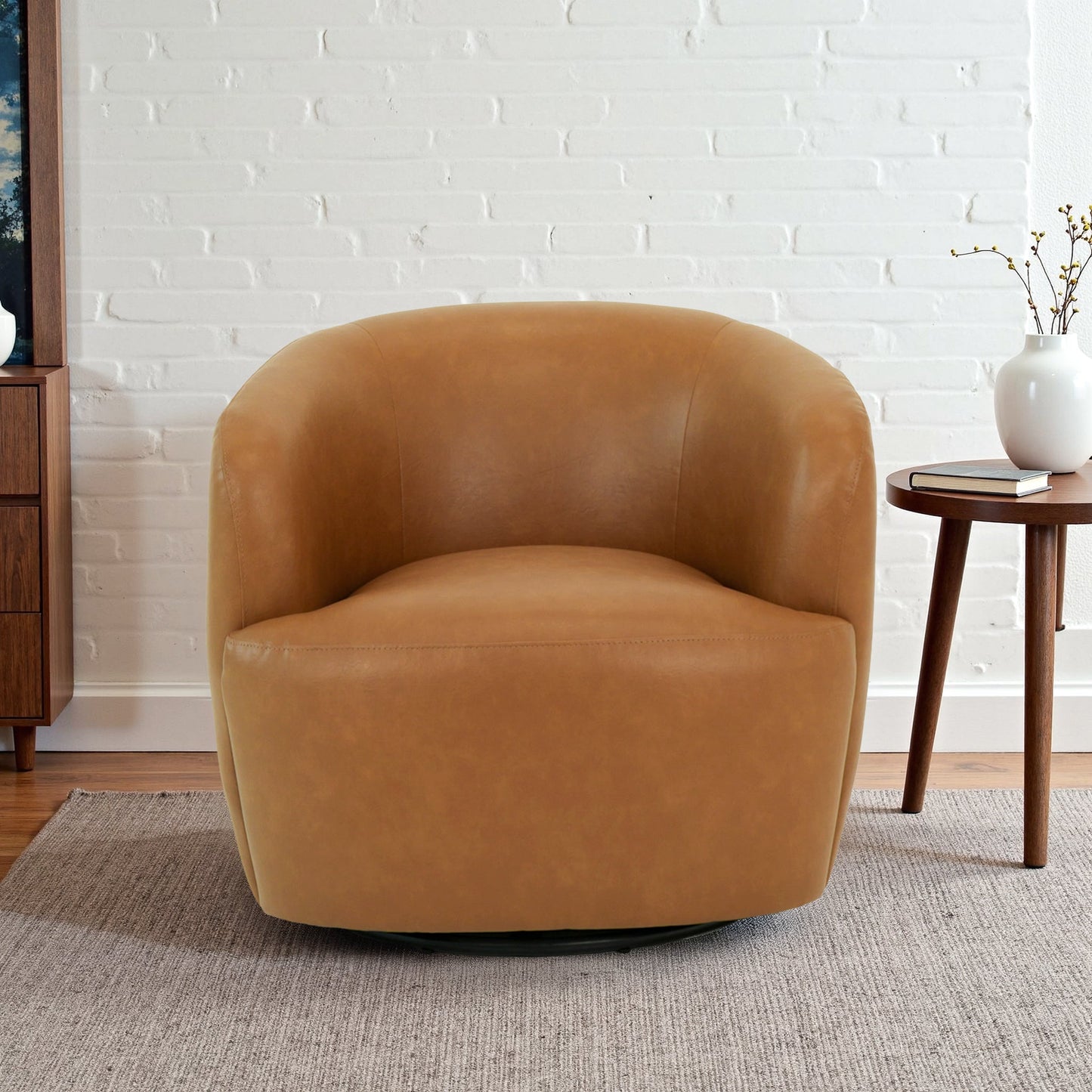 Mina 32 W Tan Vegan Leather Upholstered Swivel Barrel Chair