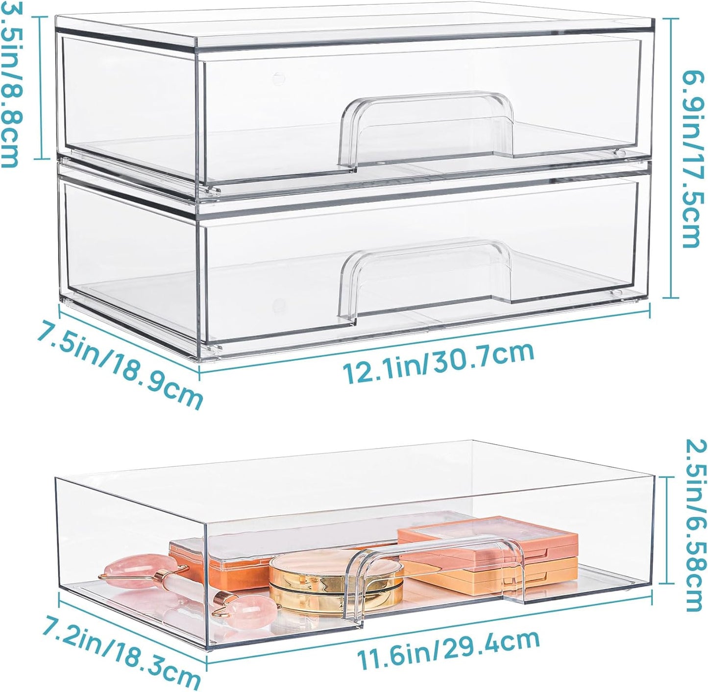 Stackable Clear Storage Drawers 12.1in Acrylic Organizer Bins for Makeup & Cosmetics Set of 2