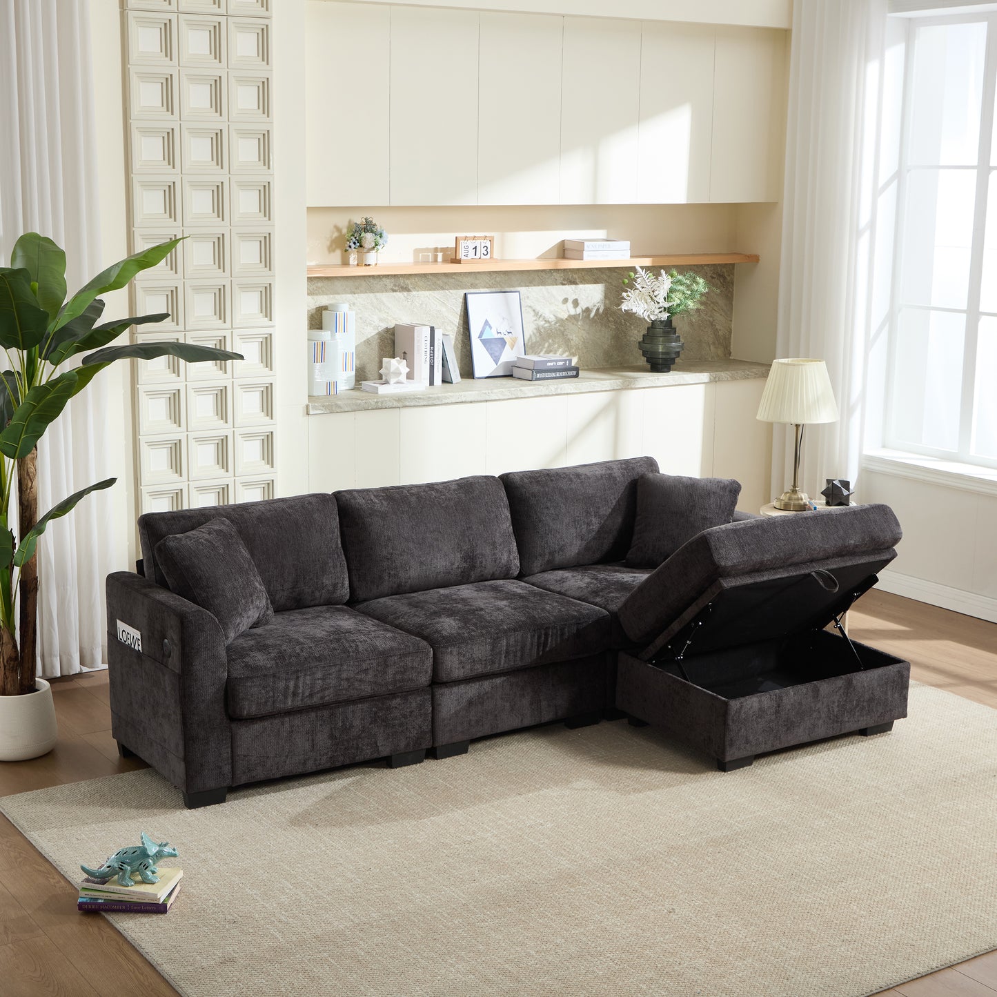 Oversized 4-Seat L-Shaped Storage Sofa with USB Ports - Black