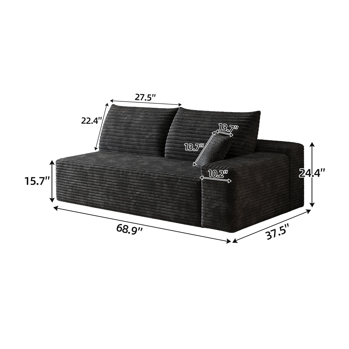 3-Seat Right Arm Sofa - Black Corduroy Upholstery