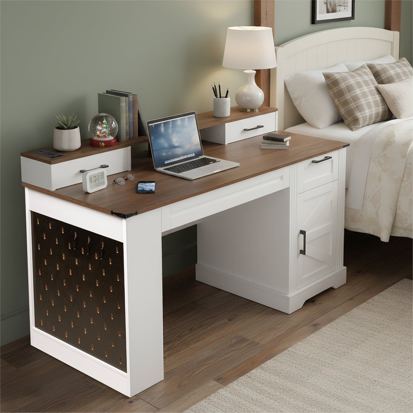 55" Farmhouse Office Desk with Storage & Charging Station - White