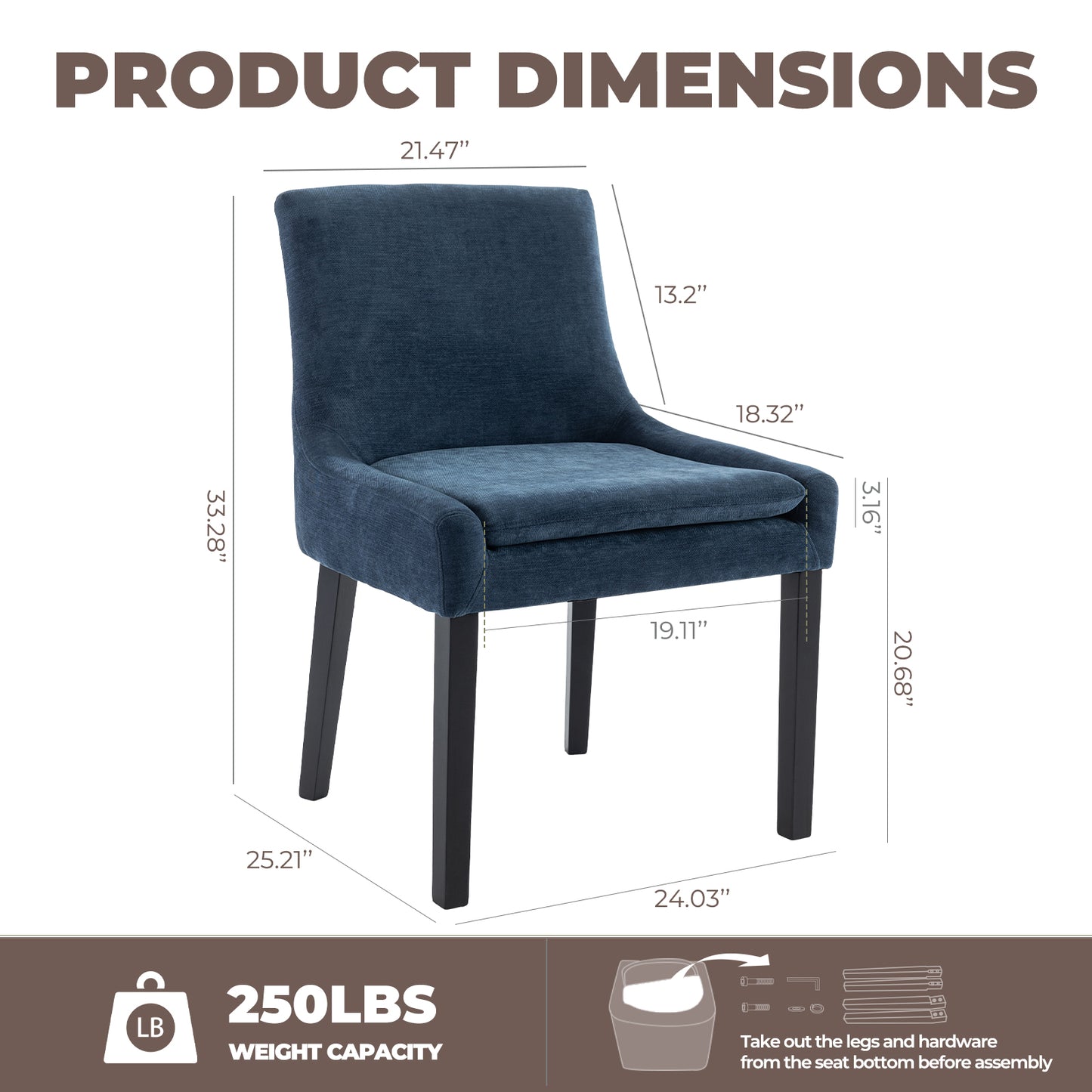 Upholstered Dining Chairs Set of 2 - Mid Back, Wood Legs