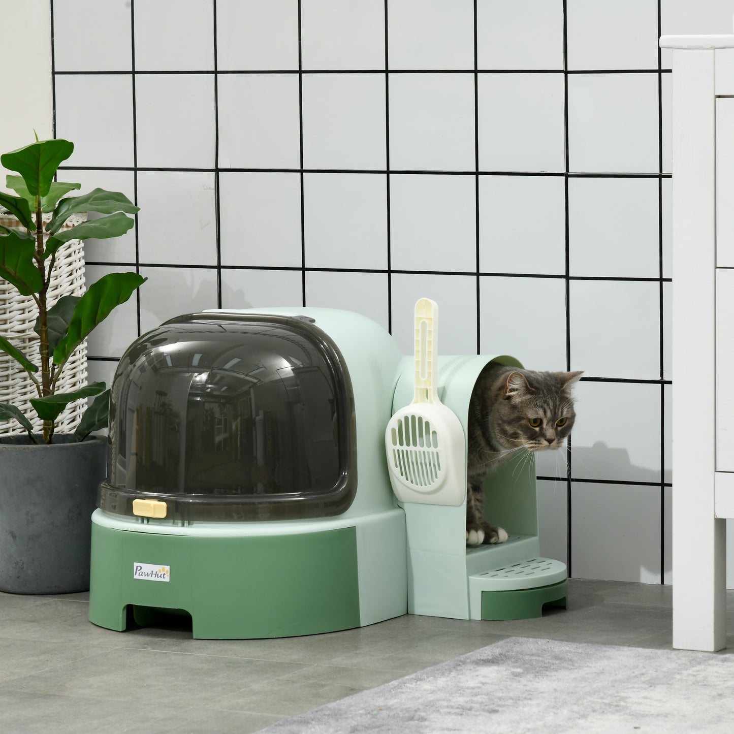 Open-Front Cat Litter Box with Scoop - Spacious, Easy to Clean, Green