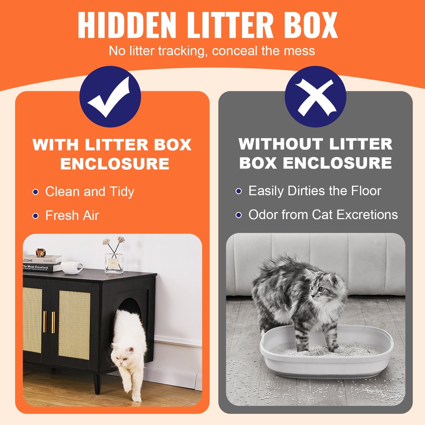 Wooden Cat Litter Box Enclosure with Hidden Design & 2 Rooms - Black