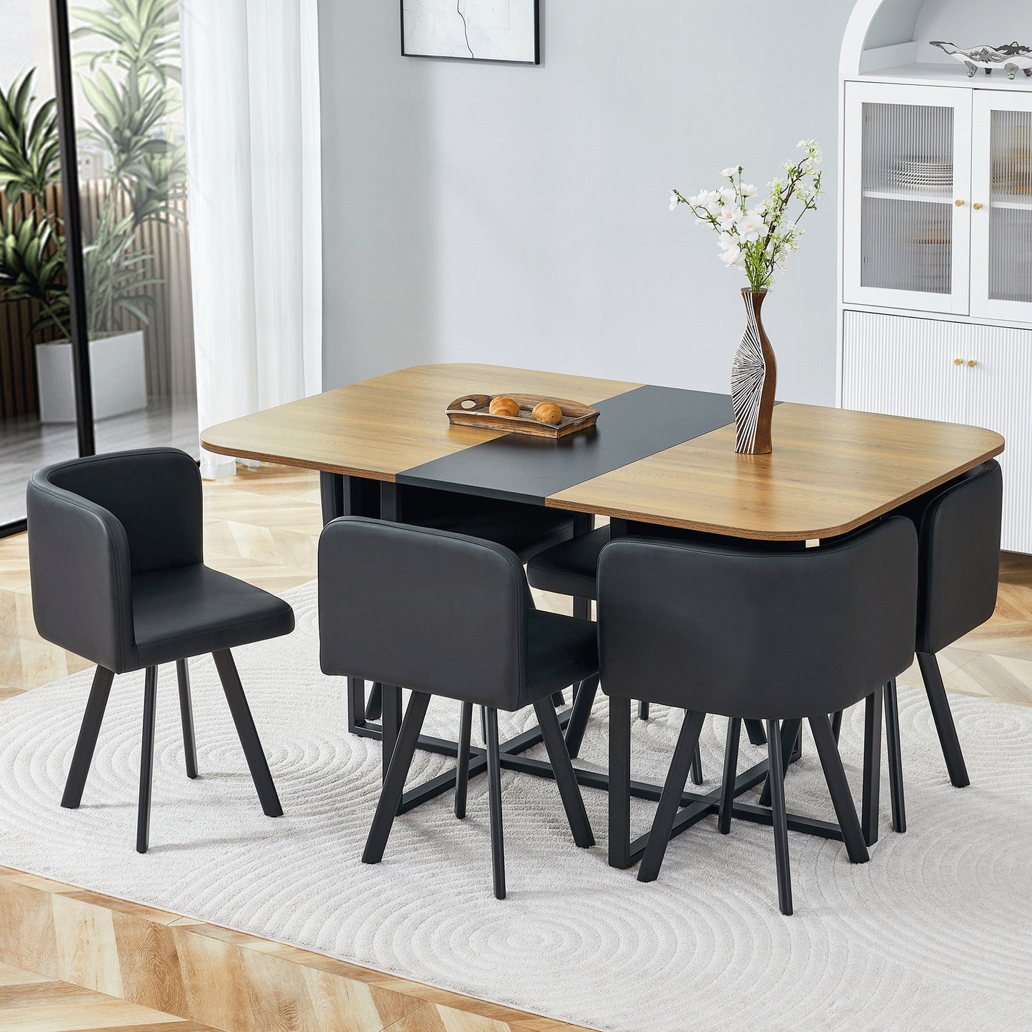 7-Piece Dining Table Set for 6 - Black PU Upholstered Chairs