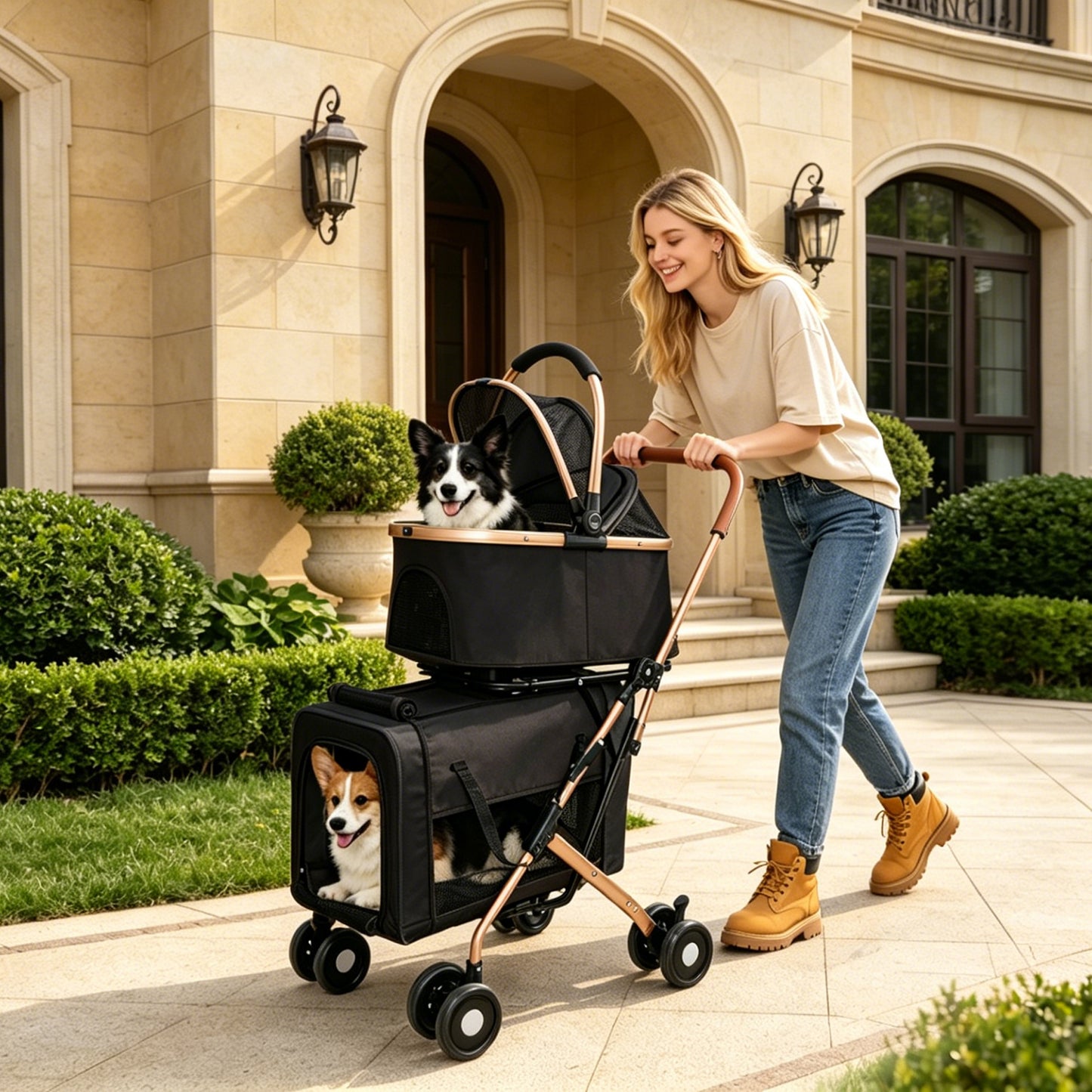 Pet Stroller with Guardrails for Small and Medium Pets - Foldable, 3-in-1 Design, Shockproof Wheels, Safety Leashes, Black